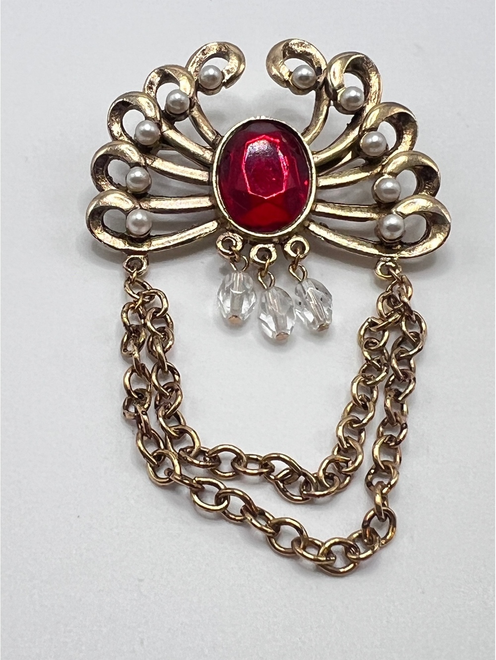 Vintage Red Glass Faux Pearl Chain Dangle Gold Tone Brooch Pin